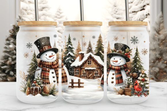 Rustic Christmas Snowman Wrap for 16oz Glass Cans