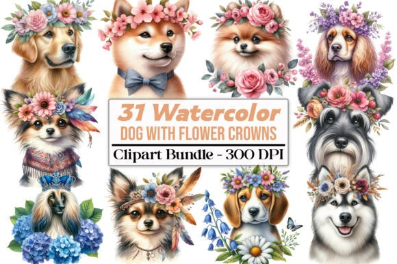 Watercolor Dog with Flower Crowns: Your Go-To for Whimsical Designs
